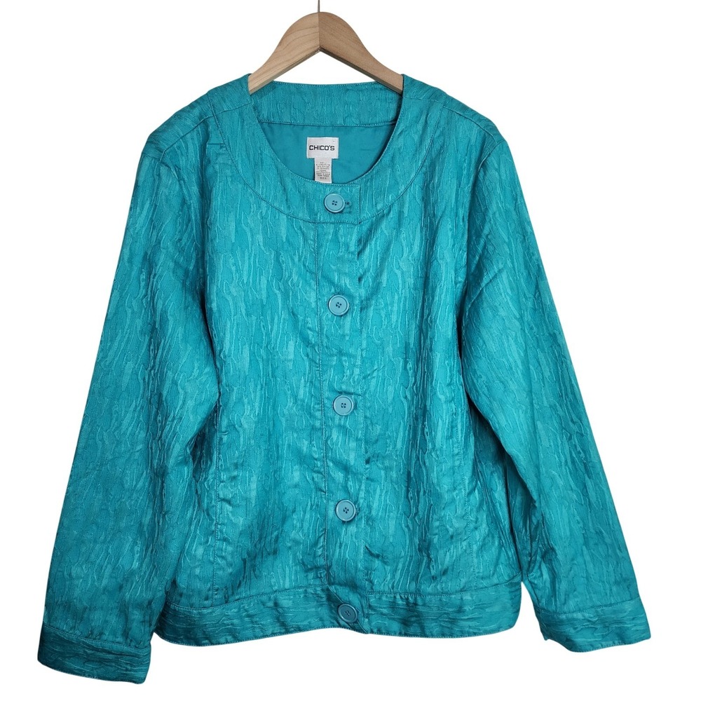 Chico's Jacket Women's 3 (XL) Buttoned Textured‎ Teal Blue